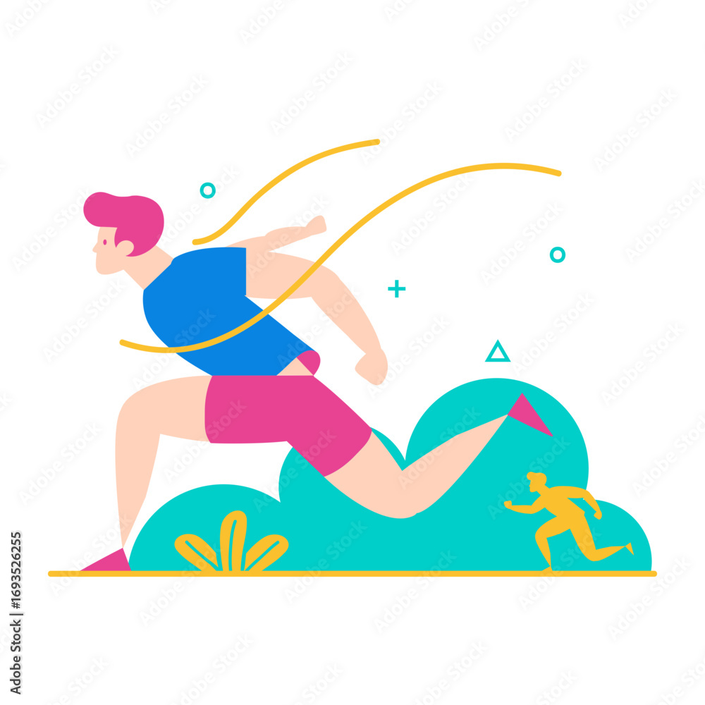 Poster racing.man running fast with speed lines and abstract shapes isolated on transparent background.