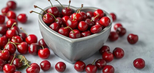 Luscious red cherries spill from a grey heart-shaped bowl, sweet, juicy