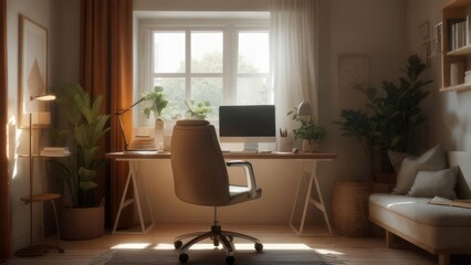 Fototapeta premium Sunlit home office with plants, desk, chair, and couch