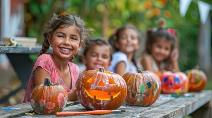 Fototapeta premium Children Enjoying Pumpkin Carving and Painting for Halloween Celebration