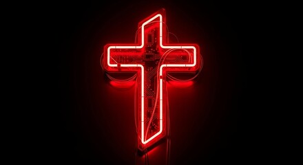Red Neon Cross with Circuit Board Detail Illuminating a Dark Background for Abstract Concepts.