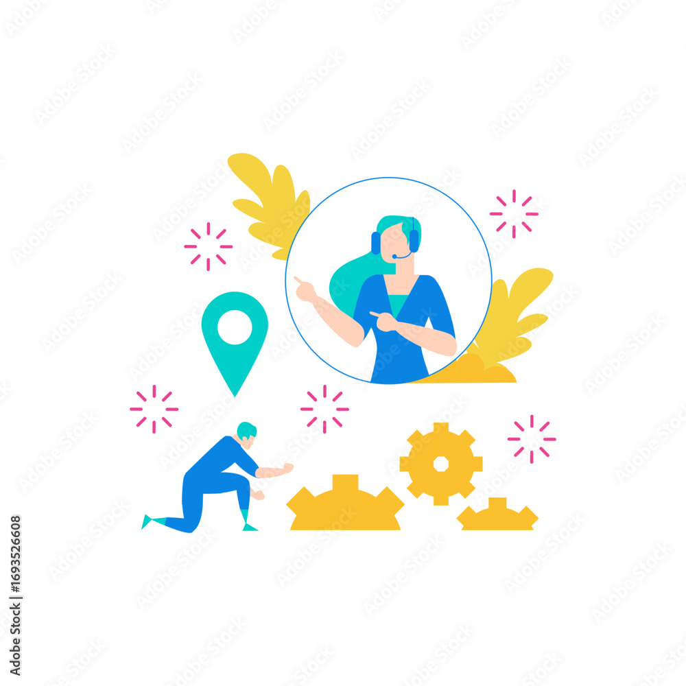 Poster service.customer service operator with headset and gears isolated on transparent background.