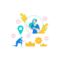 Service.Customer service operator with headset and gears isolated on transparent background.
