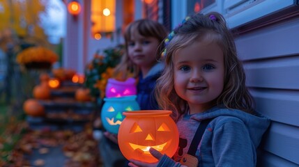 Fototapeta premium Children Holding Halloween Pumpkin Buckets in Festive Evening Glow