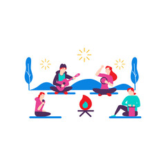 Sitting Around a Bonfire.Friends playing music around a campfire isolated on transparent background.