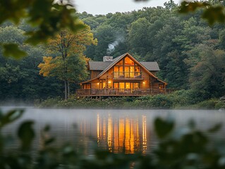 Fototapeta premium Rustic log cabin on a serene lake at dusk