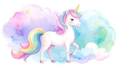 Fototapeta premium Unicorn on Cloud Watercolor Illustration