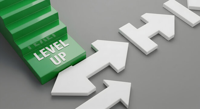 Green stairs with 'LEVEL UP' text and white arrows symbolizing progress and achievement