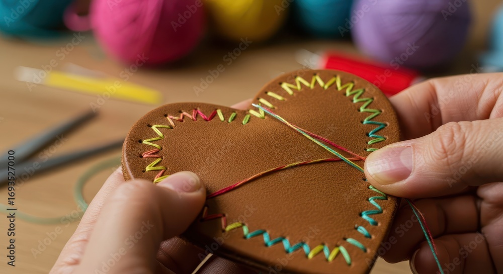 Poster close-up view of hands meticulously stitching a heart-shaped piece of leather with colorful threads.