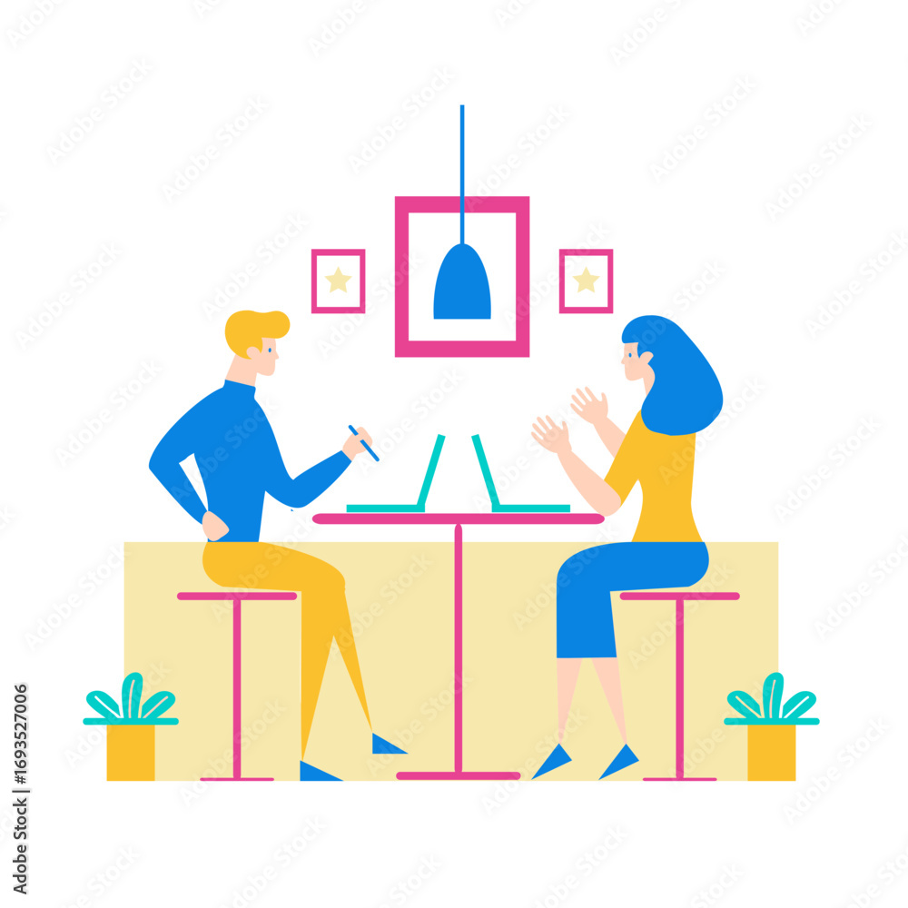 Poster working in cafe.two people working together on laptops at a table isolated on transparent background