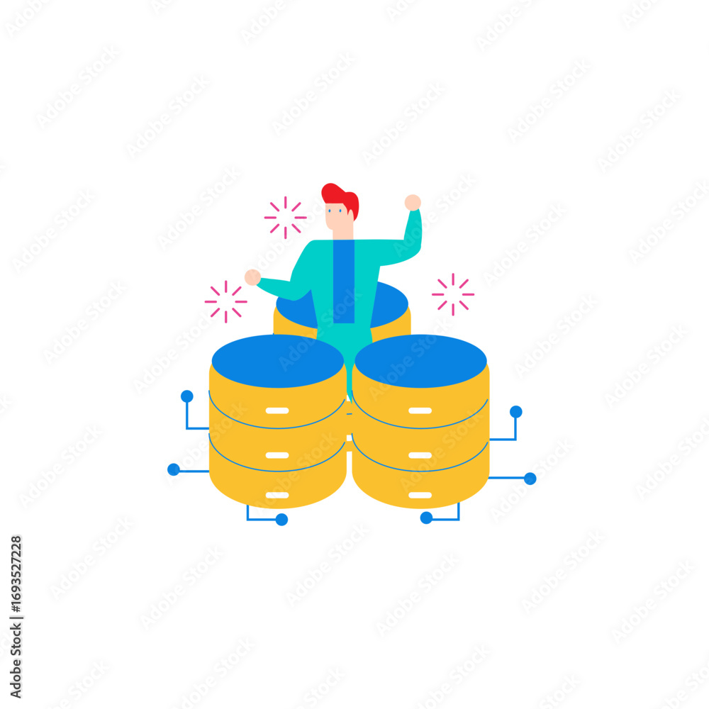 Poster big data.man celebrating on top of stacked databases isolated on transparent background.