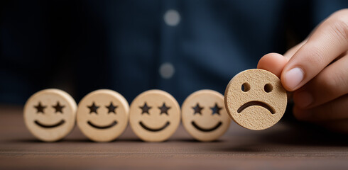 A person is holding wooden smiley face icons with five stars, egg