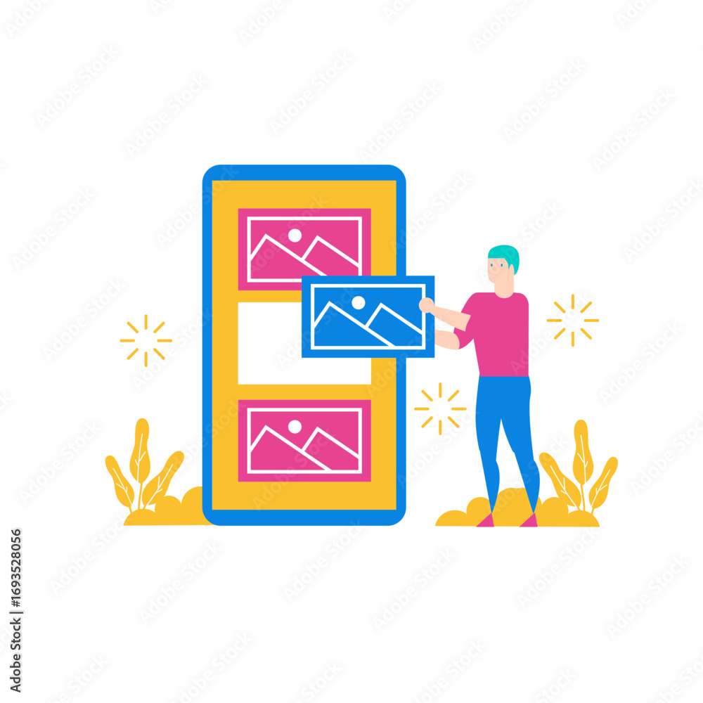 Poster insert.person arranging images on a digital screen isolated on transparent background.