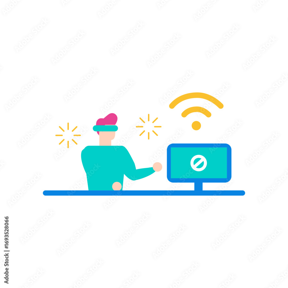 Poster internet censorship.person wearing vr headset interacting with computer and wi fi signal isolated on
