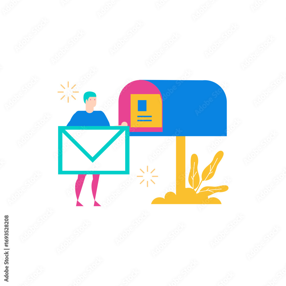 Aufkleber mailbox.man holding a large envelope near a mailbox isolated on transparent background.