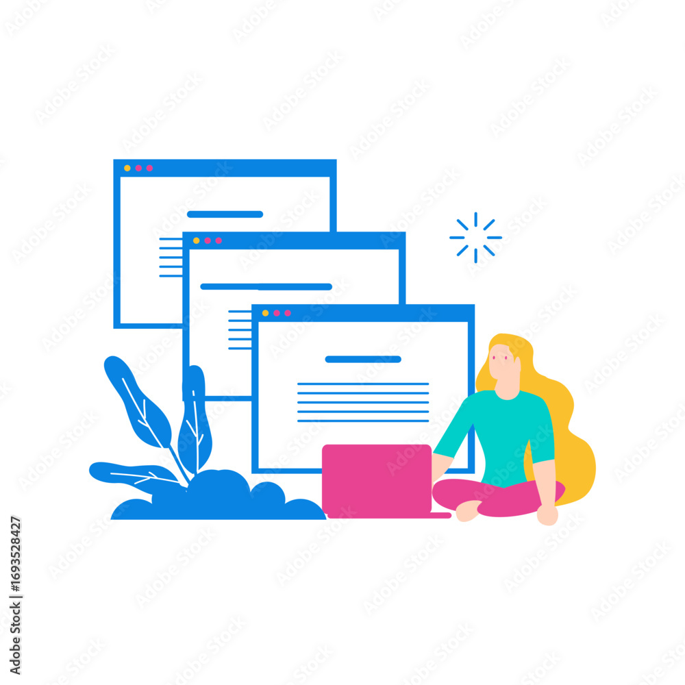 Poster open tabs.woman working on laptop with multiple browser windows and plants isolated on transparent b