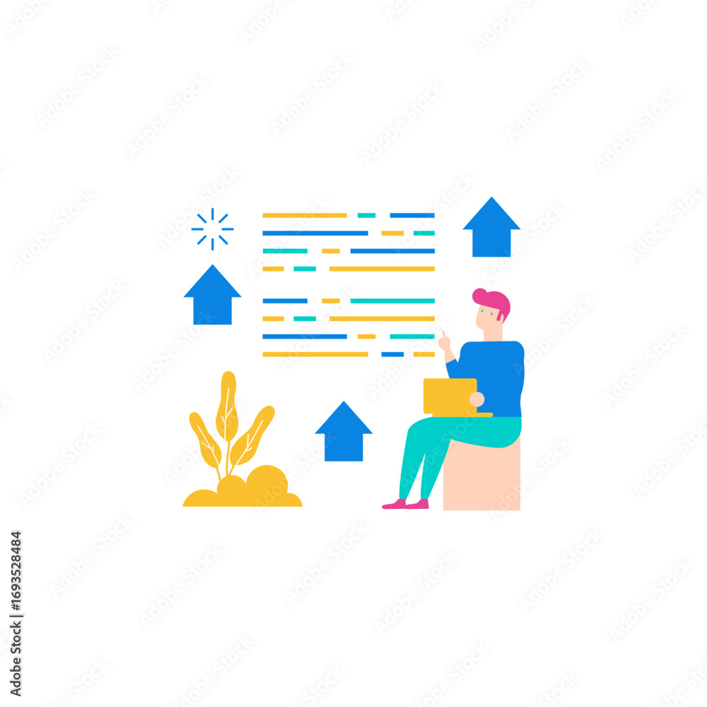 Poster personal growth.man analyzing data and growth with upward arrows isolated on transparent background.