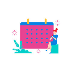 Online calendar.Woman using phone near calendar and plants isolated on transparent background.