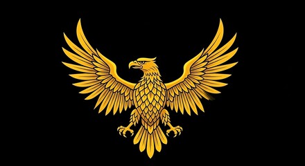 Obraz premium Golden Majestic Bird with Wings Spread Wide Against a Dark Background, Illustrative Emblem Design