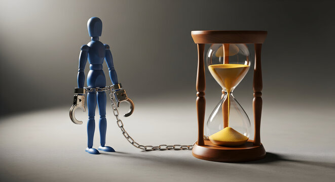 Blue mannequin chained to hourglass symbolizes time constraints, deadlines, and the feeling of being trapped by time.