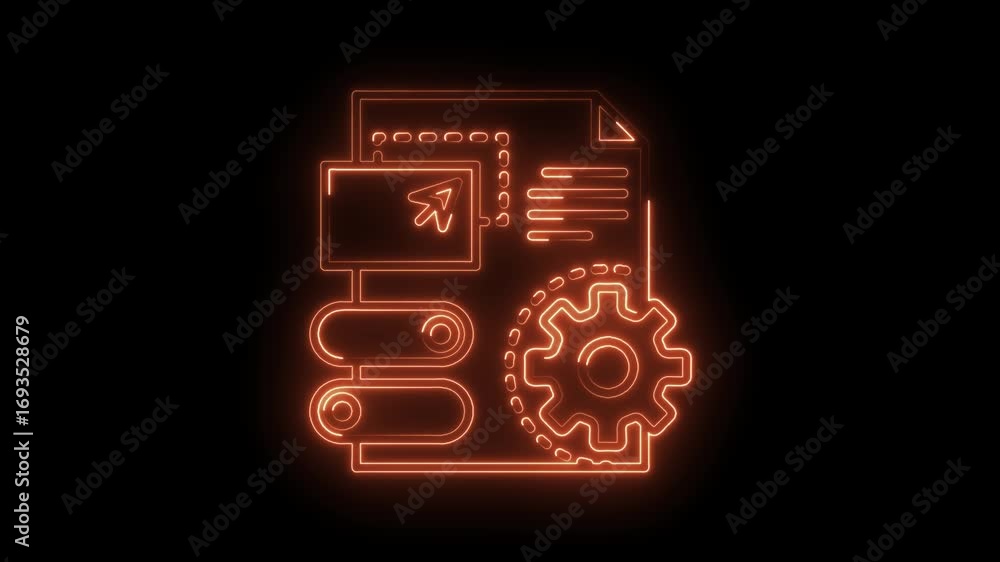 Poster glowing neon style process automation flowchart on black background animation for presentations