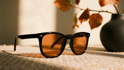 Stylish black sunglasses with amber lenses resting on a textured surface, bathed in warm sunlight, with autumn leaves and a black vase in the background
