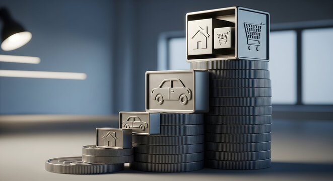 Growing stack of coins symbolizes financial growth for home, car, and shopping needs.