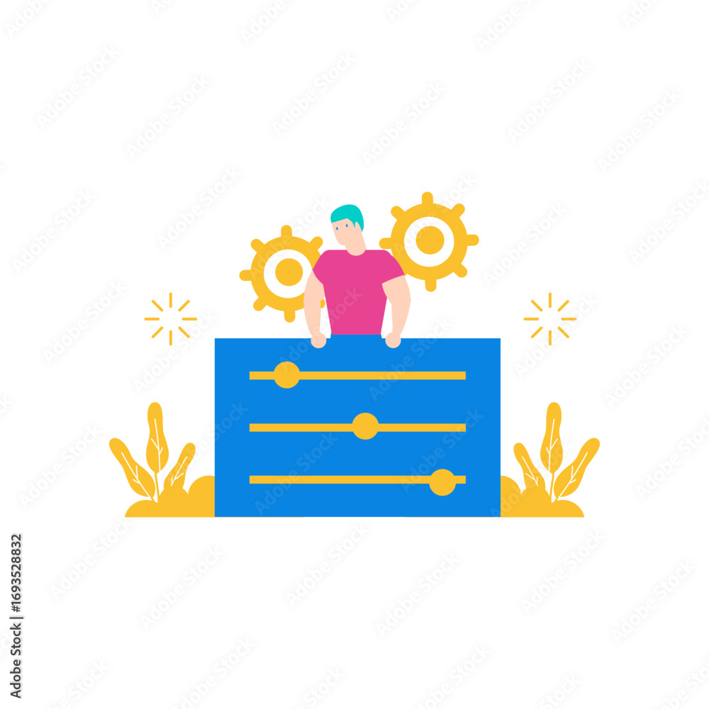 Poster settings.man adjusting settings with gears and sliders isolated on transparent background.