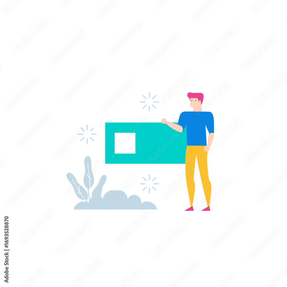 Poster short bio.man interacting with a digital interface or screen isolated on transparent background.
