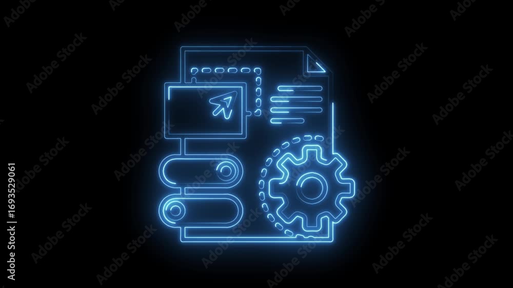 Poster neon design document with application window process and cogwheel glowing blue animation