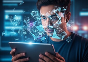 Young man engaged with augmented reality on tablet in futuristic setting