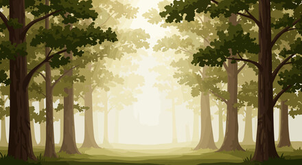 Obraz premium A forest with tall trees dense foliage and a hazy sunlit clearing