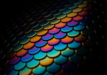 Extreme closeup of iridescent fish scale pattern with rainbow colors