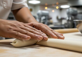 Baker shaping fresh rice dough in commercial kitchen