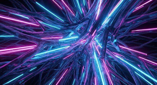 Abstract interconnected digital network with neon blue and pink light trails background