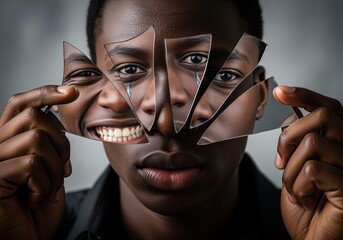 Closeup of african male holding broken mirror pieces with dual expression