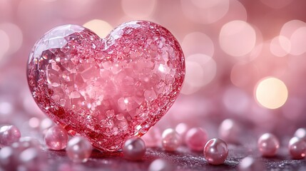 Fototapeta premium Pink Crystal Heart Shape with Pearl Decor: Romantic Valentine Gift Design Element for Card Packaging and Sweet Theme Backgrounds