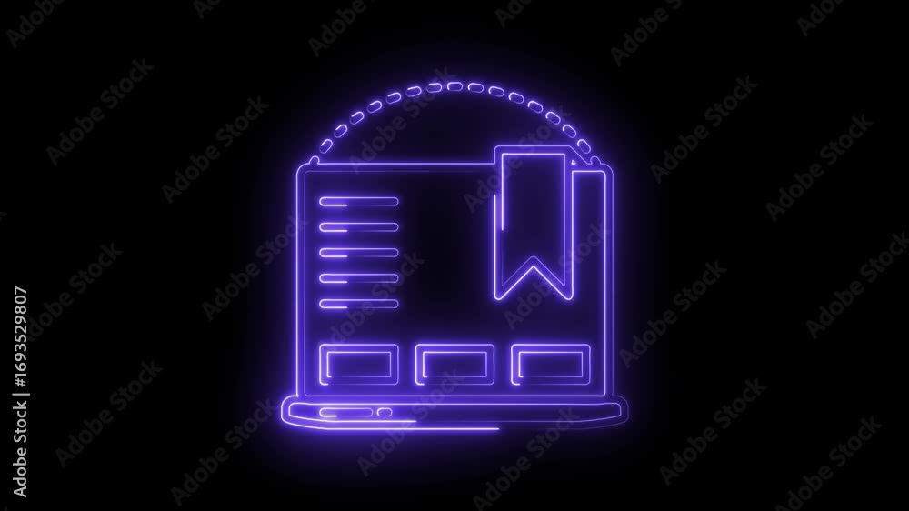 Poster Glowing neon display screen showing content with bookmark on dark background animation
