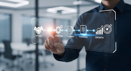Business professional interacts with futuristic digital interface showing growth strategy and partnership icons.