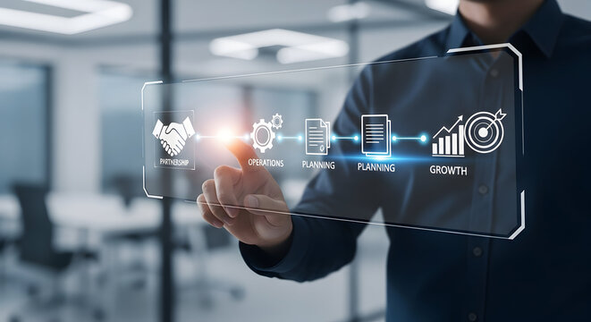 Business professional interacts with futuristic digital interface showing growth strategy and partnership icons. - Powered by Adobe