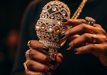 Elegant hands holding a crystal encrusted microphone in low light