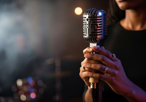 African female singer holding vintage microphone on stage - Powered by Adobe