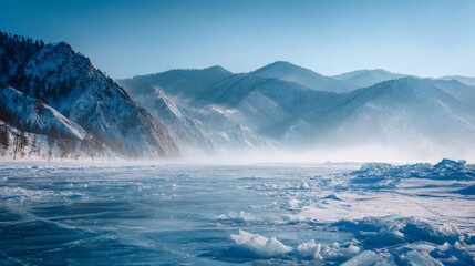 Winter landscape of frozen baikal lake with snow-covered blue ice floes and hummocks, scenic view toward goloustnaya river valley between mountains in misty fog, stunning natural background of siberia