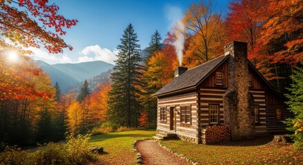 Idyllic autumn log cabin nestled in a vibrant forest landscape under a bright sky
