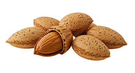 Natural Raw Almonds in Hard Shells, One Cracked Open Revealing Kernel