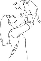Line art of a woman holding a cat above her head lifting