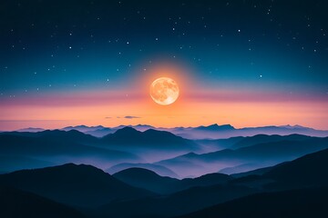 Dramatic Sky with Full Moon, Stars, and Silhouetted Mountain Ridges at Dusk