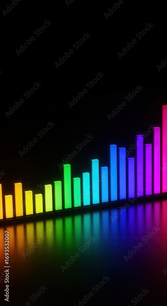 Poster a vibrant display of colorful audio equalizer bars against a dark backdrop, showcasing a spectrum of