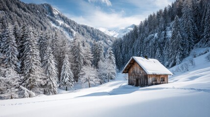 Winter wonderland in the austrian alps featuring a picturesque alpine hut surrounded by snow-covered forest trees and majestic mountain scenery, capturing the serene beauty of a peaceful seasonal land