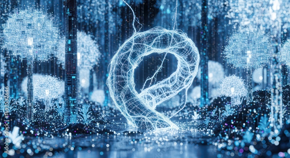 Poster futuristic digital forest landscape with glowing trees and intricate wireframe structure creating